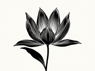 An Intricate Black And White Illustration Of A Blooming Water Lily With Its Stem And A Single Leaf Emerging From The Stem