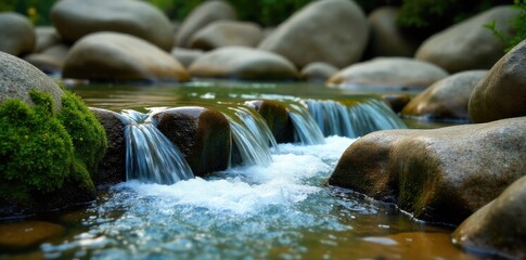Water cascading over moss covered rocks in a secluded forest stream A clear, clean stream of water gently cascading over smooth, rounded rocks heavily covered in thick, vibrant green moss. The