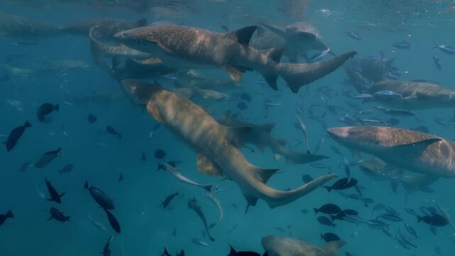 A large, tightly packed group of nurse sharks gracefully swims near the ocean surface in the crystal-clear waters of the Maldives, surrounded by colorful tropical fish in a vibrant marine setting.