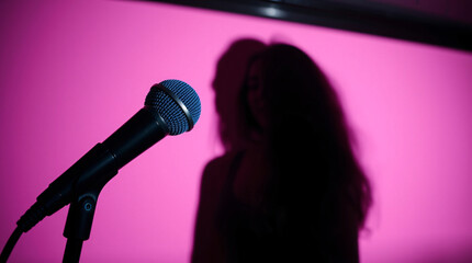 A professional dynamic microphone in focus with the blurred silhouette of a long-haired woman performing on a vibrant pink background