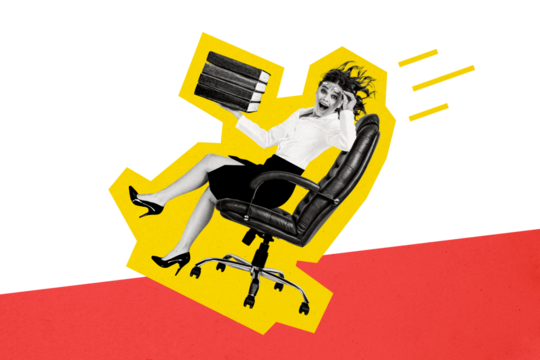 Composite photo collage of happy businesswoman ride chair hold book stack bookworm purchase hobby reader isolated on painted background - Powered by Adobe