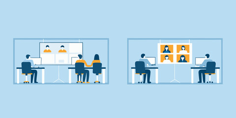 Diverse teams collaborating remotely through video conferencing in modern office spaces