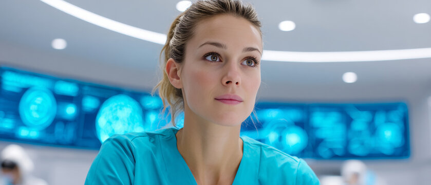 Close-up of woman in medical scrubs looking at computer screens with various graphs and data, set against backdrop of modern hospital control room with blue lights and digital displays - Powered by Adobe