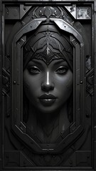 Portrait of a woman, framed in dark metal