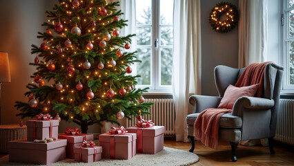 Elegant Christmas living room with decorated tree and rose ornaments, warm lights and calm festive Scandinavian interior