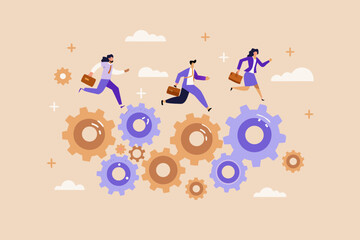 Business people running on gears symbolizing teamwork and corporate progress in a stylized flat design