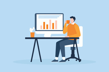Man drinking coffee at desk looking at computer screen with financial charts and graphs on light blue background