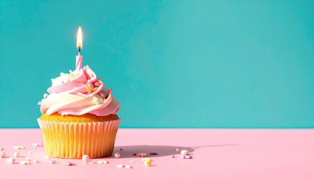 Festive cupcake with pink frosting, stars, and a burning candle, ideal for birthday or anniversary concepts.