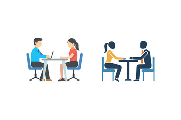 Two pairs of people seated at tables in a modern office setting
