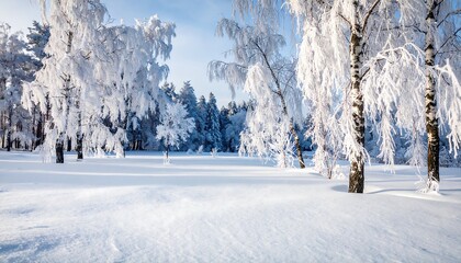 A sunlit winter landscape featuring snow-laden trees, casting a sparkling, frosty scene in a forest glade. The scene is calm and idyllic