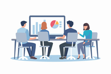 Diverse team of professionals collaborating around a table discussing business growth charts on a computer screen