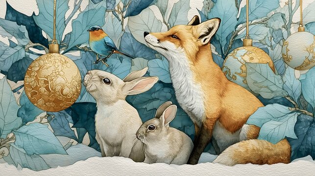 Enchanting Winter Forest Scene with Fox Rabbits Bird and Christmas Ornaments