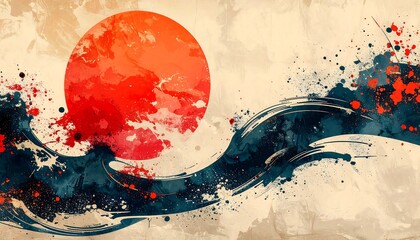 Artistic depiction Rising sun over stylized ocean waves with paint splatter effects