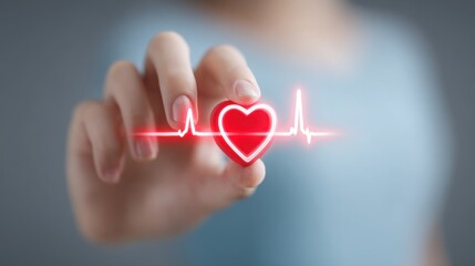 "Fingers Holding Glowing Red Heart with ECG Line &ndash; Symbol of Digital Heart Health, Medical Monitoring & Emotional Care"