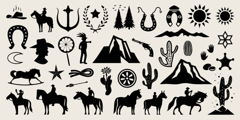 Collection of western cowboy and native american silhouette icons and symbols