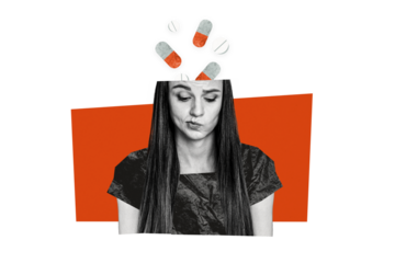 Creative image collage sad woman antidepressant pills apathy unhappy addiction mental disease treatment drawing background