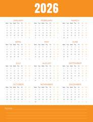 Calendar for 2026 Week Starts Monday, Simple 2026 Calendar in orange and white 
