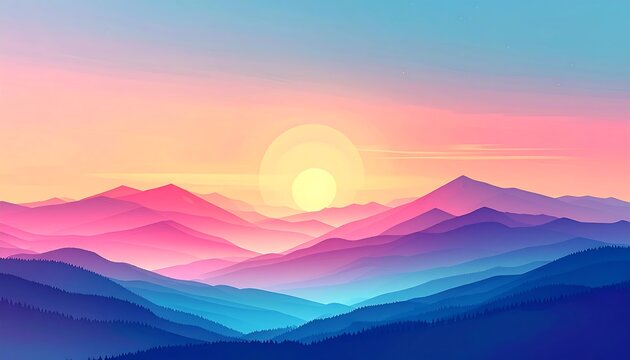 A stylized landscape shows mountain ranges receding into the distance beneath a gradient sky, lit by a circular sun