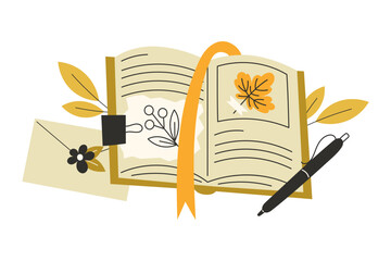 Nature explorer’s journal with autumn leaves, pen and envelope symbolizing study and discovery