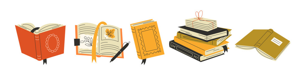 Cute vector collection of books with open and stacked books on white background, education theme