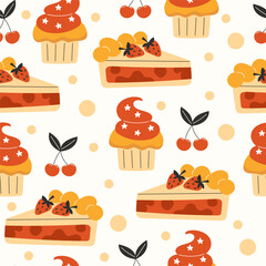 Seamless pattern with strawberry pies and cherry cupcakes on white background for bakery design