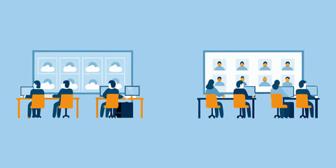 Diverse teams collaborating in modern offices with digital displays showing weather and profile pictures