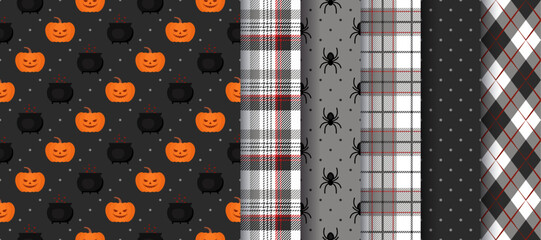 Halloween pattern. Seamless Haloween texture. Backgrounds with pumpkin faces, witch cauldrons, spiders, dots and checkered. Black orange prints. Vector Illustration. Set geometric wrapping papers.