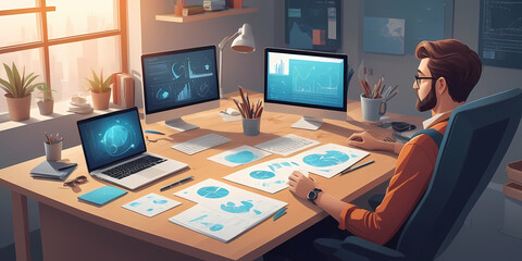 A professional man working at a large desk with multiple computer monitors, a laptop, and data charts in a sunlit modern office