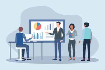 Business team collaborating and presenting data charts and graphs during a meeting