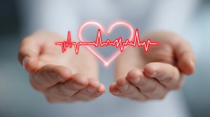 Open Hands with Glowing Heart & ECG Line – Symbol of Cardiovascular Care, Medical Protection & Wellness Support"