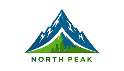 A stylized mountain logo featuring a triangular peak with snowy accents, enclosing evergreen trees, set against a crisp white background