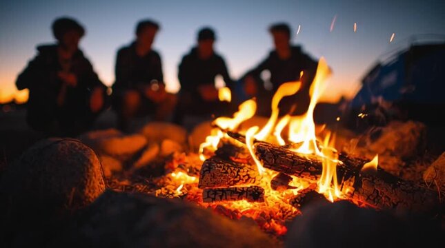 A group of people is sitting in nature around a burning campfire at night. Outdoor recreation. Camping. Native Americans.