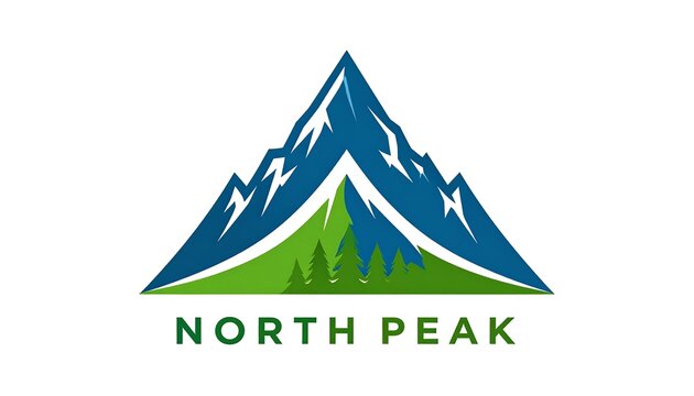 A stylized mountain logo featuring a triangular peak with snowy accents, enclosing evergreen trees, set against a crisp white background