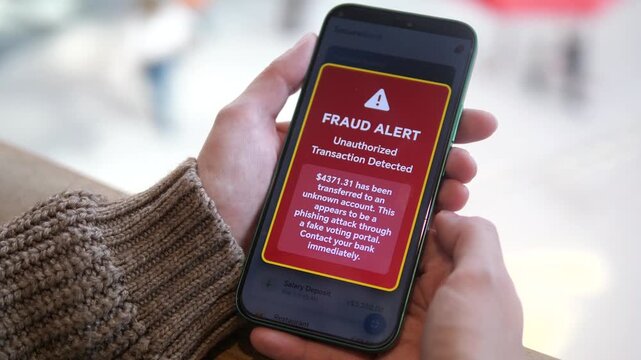 The video focuses on a smartphone screen showing an explicit banking security alert regarding fraudulent activity and money withdrawal attempts. Ideal for educational content about financial