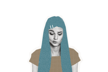 Composite photo collage of depressed unhappy girl blue hairdo lonely psychotherapy session apathy fatigue isolated on painted background