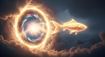 Electric goldfish emerging from portal with clouds Surreal illustration Mysterious fish swimming from gate of light