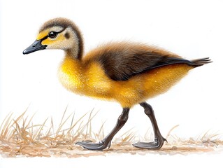 Charming Baby Duckling Walking Through Grass on a White Background