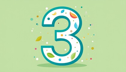 A stylized number three, teal outline with white interior, decorated with fruit and leaf graphics on a soft green background