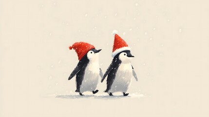 Two Cute Penguins Wearing Santa Hats Walking in Snowy Weather