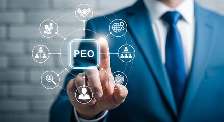 Businessman touching a peo button on a digital interface, representing professional employer organization services