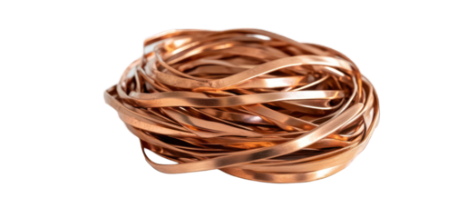 Bundle of copper metal strips on transparent background metallic cable pieces pile raw material for industrial use