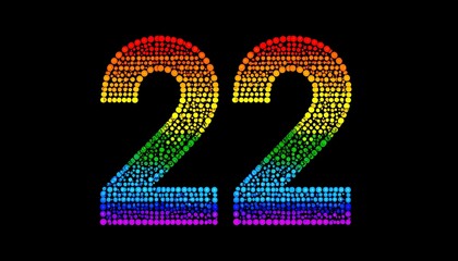 A stylized numeral "22," crafted from a mosaic of colored circles, arranged to represent a rainbow spectrum, on a black backdrop