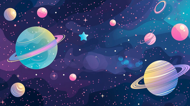 Whimsical cosmic panorama with celestial spheres and shimmering stardust