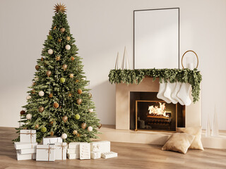 Modern Christmas Living Room with Poster Frame Above Fireplace, Festive Garland and Holiday Tree