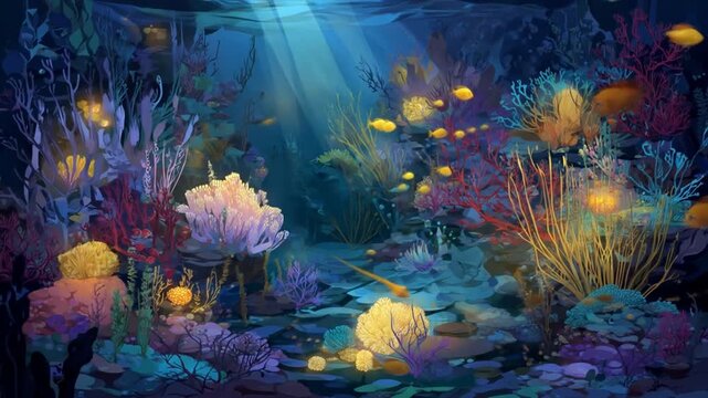 Underwater scene with colorful corals and sunlight marine environment