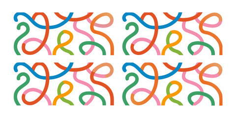 Abstract colorful wavy lines forming a playful repeating pattern on a white background
