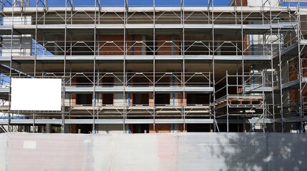 Facade of a new building under construction among the scaffolding with a blank information board on...