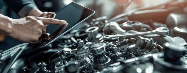The car engine being diagnosed with a digital tablet by a mechanic