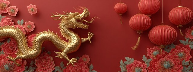 A gold dragon is on a red background with red flowers