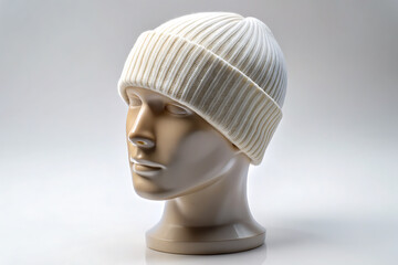 Side view of a white mannequin head wearing a white  ribbed knit beanie mockup isolated on gray background 